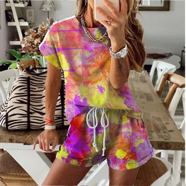 DB Global Surplus Male Sex Toys Women Set Summer Tie Dye Short Sleeve Top Shirt Loose And Biker Shorts Casual Two Piece Set Streetwear Outfits Tracksuits