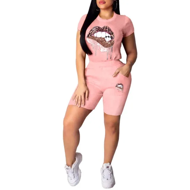 DB Global Surplus Male Sex Toys Women Short Sleeve Lips Printed Tshirt Top Elastic Waist Shorts Two Pieces Casual Style Outfit Female ONeck Pullover Clubwear