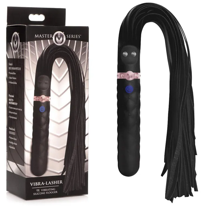 XR Brands Female Sex Toys Master Series VibraLasher 9X Vibrating Silicone Dildo Black 50 cm USB Rechargeable Vibrator and Flogger