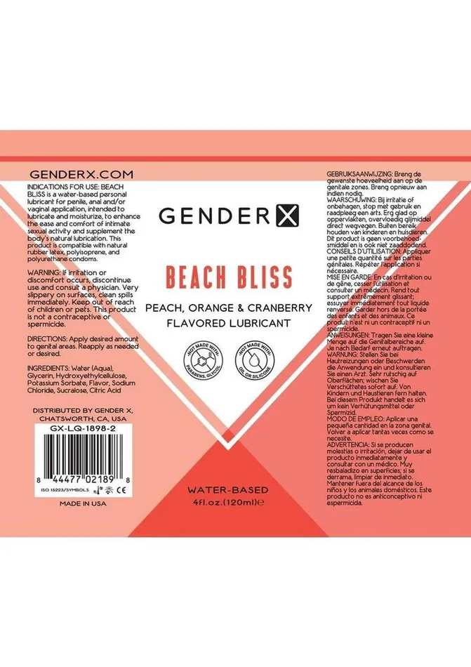 Anal Gender X Gender X Beach Bliss Water Based Flavored Lubricant 4oz Peach