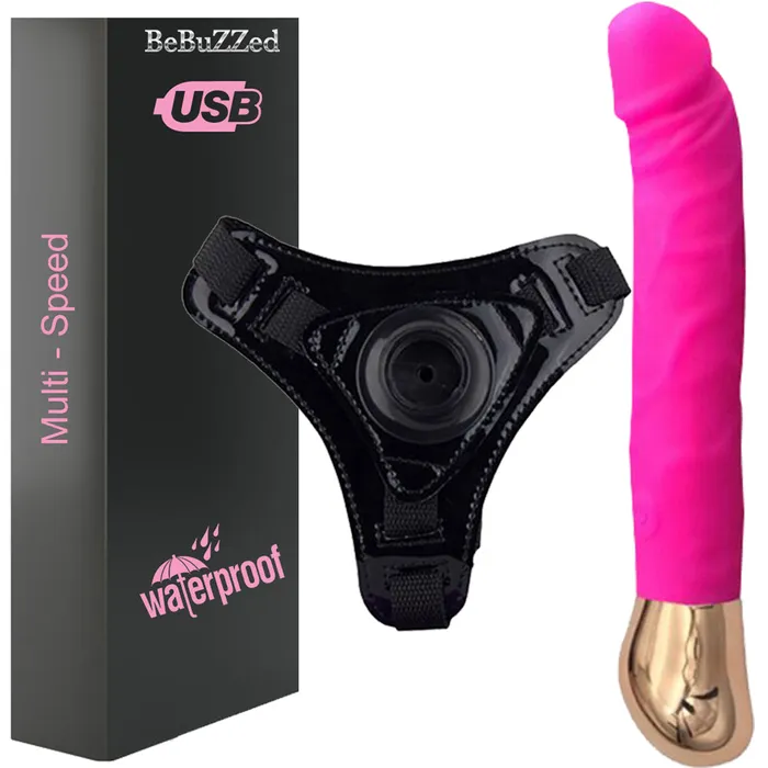 BeBuZZed Female Sex Toys Bebuzzed Giddy Realistic Veined Vibrator StrapOn Harness USB Pink