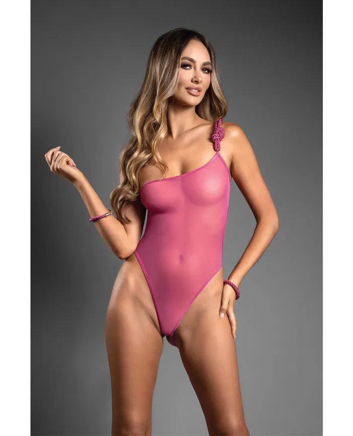 Fantasy Lingerie Vibrators Domina OneShoulder Sheer Teddy Rope Cuffs Pink ML