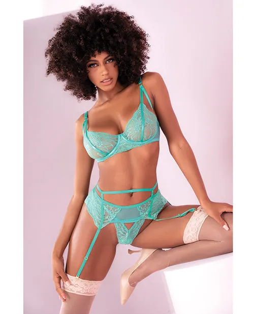 Floral Lace Bra Garter Belt Panty Aqua SM Mapale Female Sex Toys