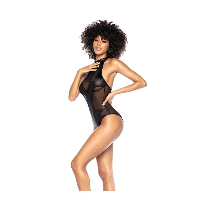 Mapale Mesh Wet Look Halter Bodysuit Black LXL Anal