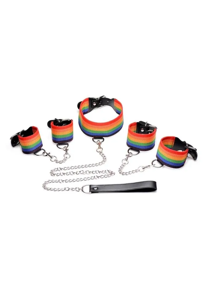 Master Series Restraints Kinky Pride Rainbow Bondage Set WristAnkle Cuffs and Collar with Leash