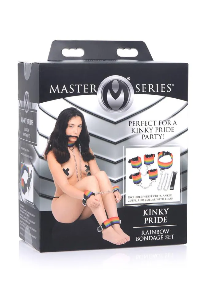 Master Series Restraints Kinky Pride Rainbow Bondage Set WristAnkle Cuffs and Collar with Leash