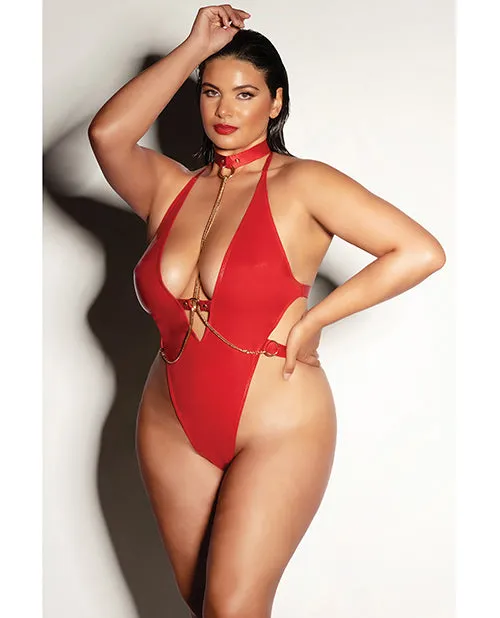 Plus Size FETISH Submissive Red Chain Teddy with Cuffs 1X2X Oh La La Cheri Couples