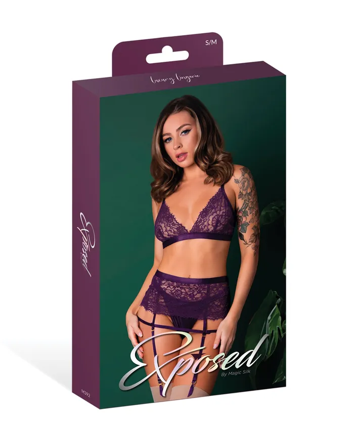 Restraints Magic Moments Intl Plum Leather Lace Bralette Garter Skirt Set SM